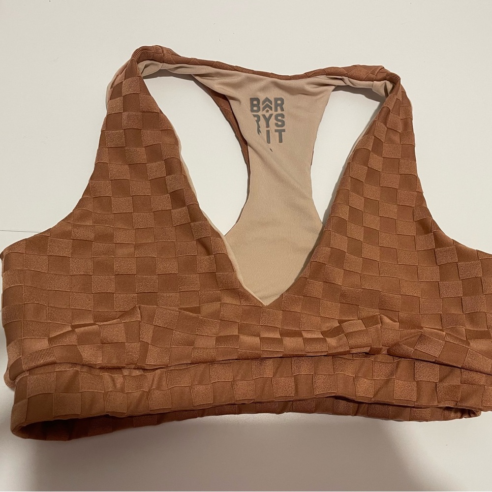 Barry's Fit Brand Women's Size Small Tan Checkered Print V Neck Sports Bra